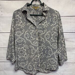 Shirt Blouse Wrinkle-free floral cream Black lace collar cotton button-down 10 L